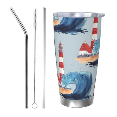 

Zeuib Beacon In The Huge Waves Of The Surf Printed 20oz Stainless Steel Insulated Car Cup Stainless Steel Thermal Cup Vacuum Insulated Leak-proof Travel Mug Cup-Straw Three-piece Set