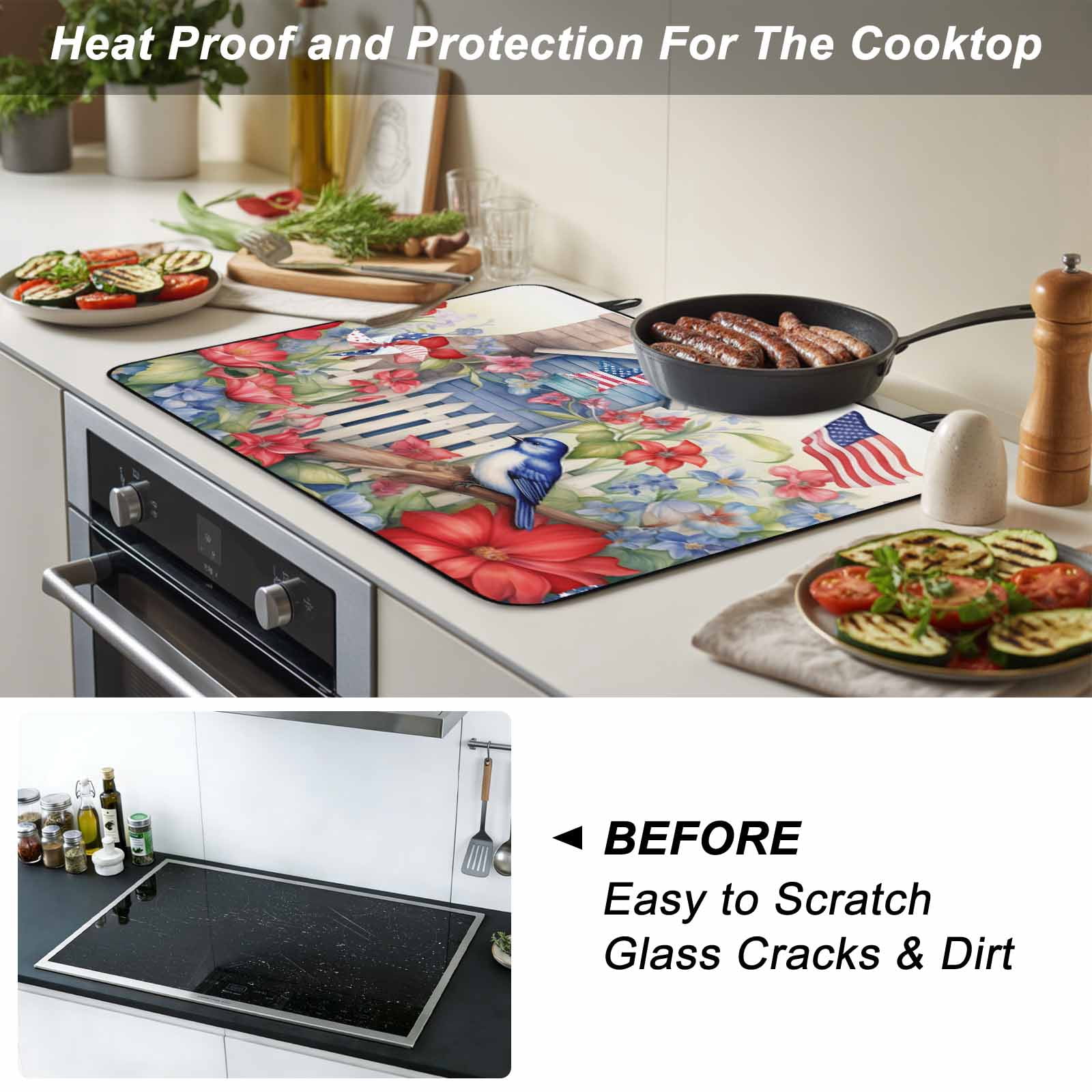 4th of July Stove Top Cover for Electric Stove, Heat-proof & Non Slip Glass Top Stove Cover Protector, Independence Day Floral Birds American Flag Kitchen Flat Cooktop Rubber Mat 24x21 Inches