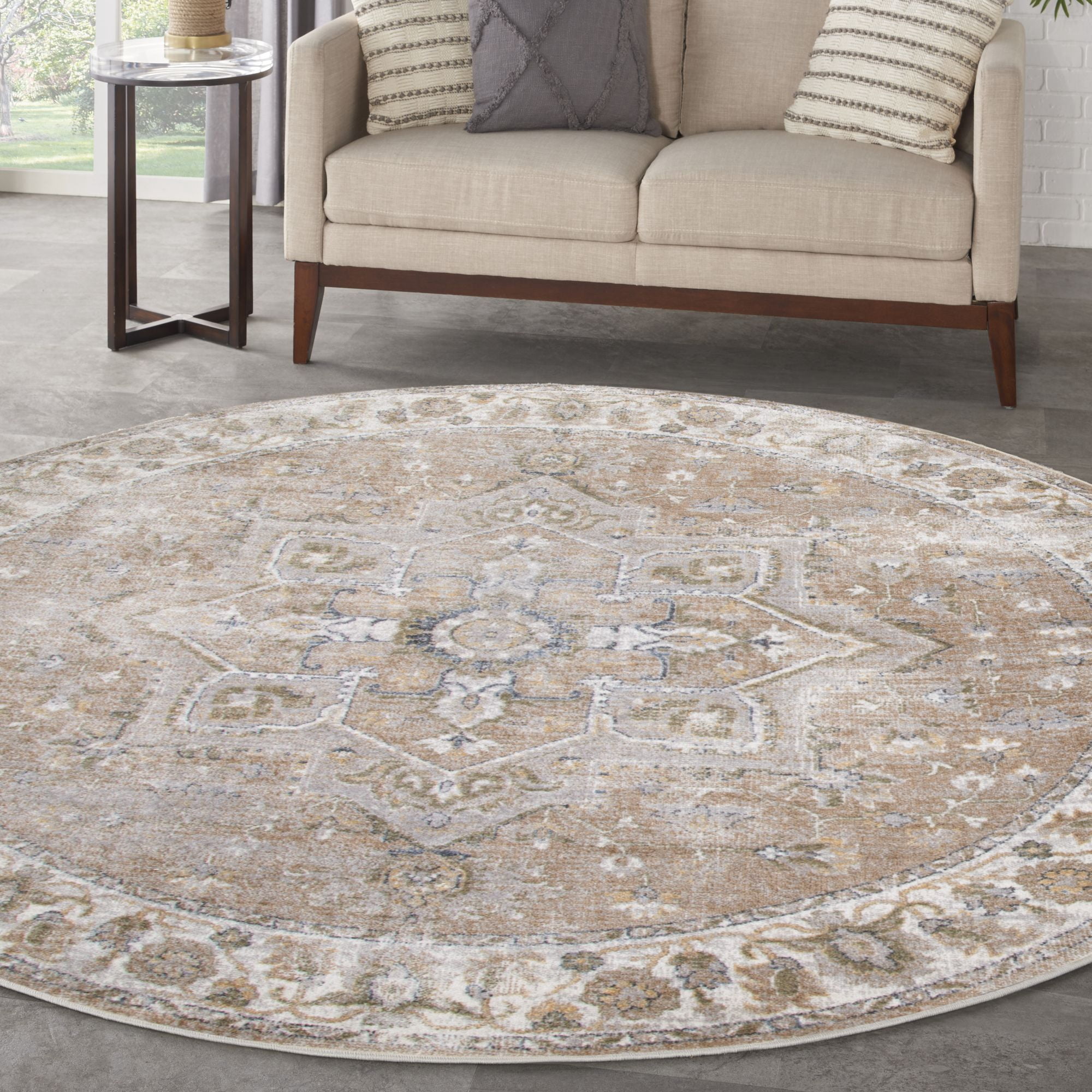 Nourison Astra Machine Washable 5'3" x Round Beige Vintage Indoor Flatweave Rug