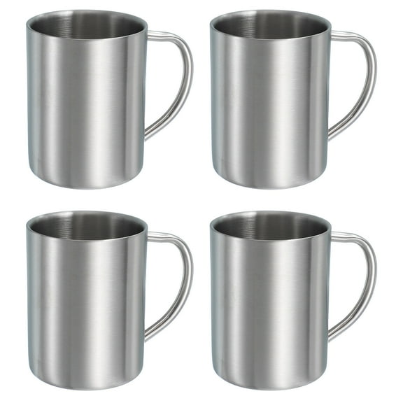 4Pcs Metal Coffee Mugs, 14 Ounces Metal Double Walled Tea Coffee Mugs with Handles for  Cold or Hot Drinks (Silver)