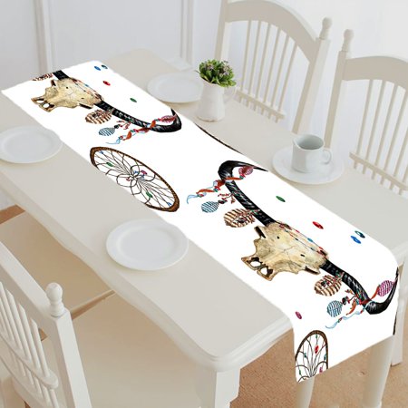 

ABPHQTO Watercolor Buffalo Skull Feather Ribbon Table Runner Placemat Tablecloth For Home Decor 16x72 Inch