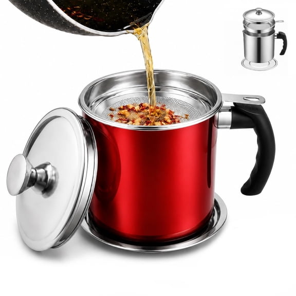 Bacon Grease Container with Strainer, 44oz stainless steel oil strainer pot, Oil Filter Pot Kitchen Fat Separator & Storage Dispenser with Lid and Coaster Tray