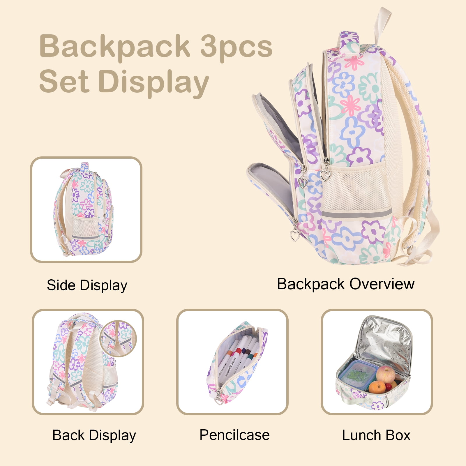 School Backpack Set for Girls,Lightweight Bookbag with Large Capacity, 3-in-1 School Essentials Set Includes Lunch Box & Pencil Case Beige