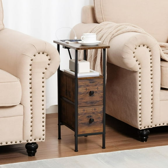 Narrow End Tables Living Room Set of 2 with Charging Station, Skinny Side Table with Fabric Drawers, Slim Nightstand for Bedroom, Small Spaces, Couch, Rustic Brown