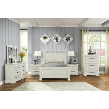 Piraeus Wood Bedroom Set with Upholstered Tufted Bed, Dresser, Mirror ...