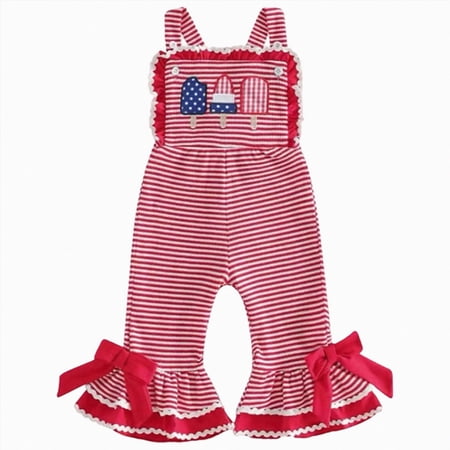 Splozh Girl 4th of July Romper 4th of July Toddler Girl Outfit USA Romper Spaghetti Strap Bell Bottom Jumpsuit Overall Baby Fourth of July Outfits Wine 12-18 Months
