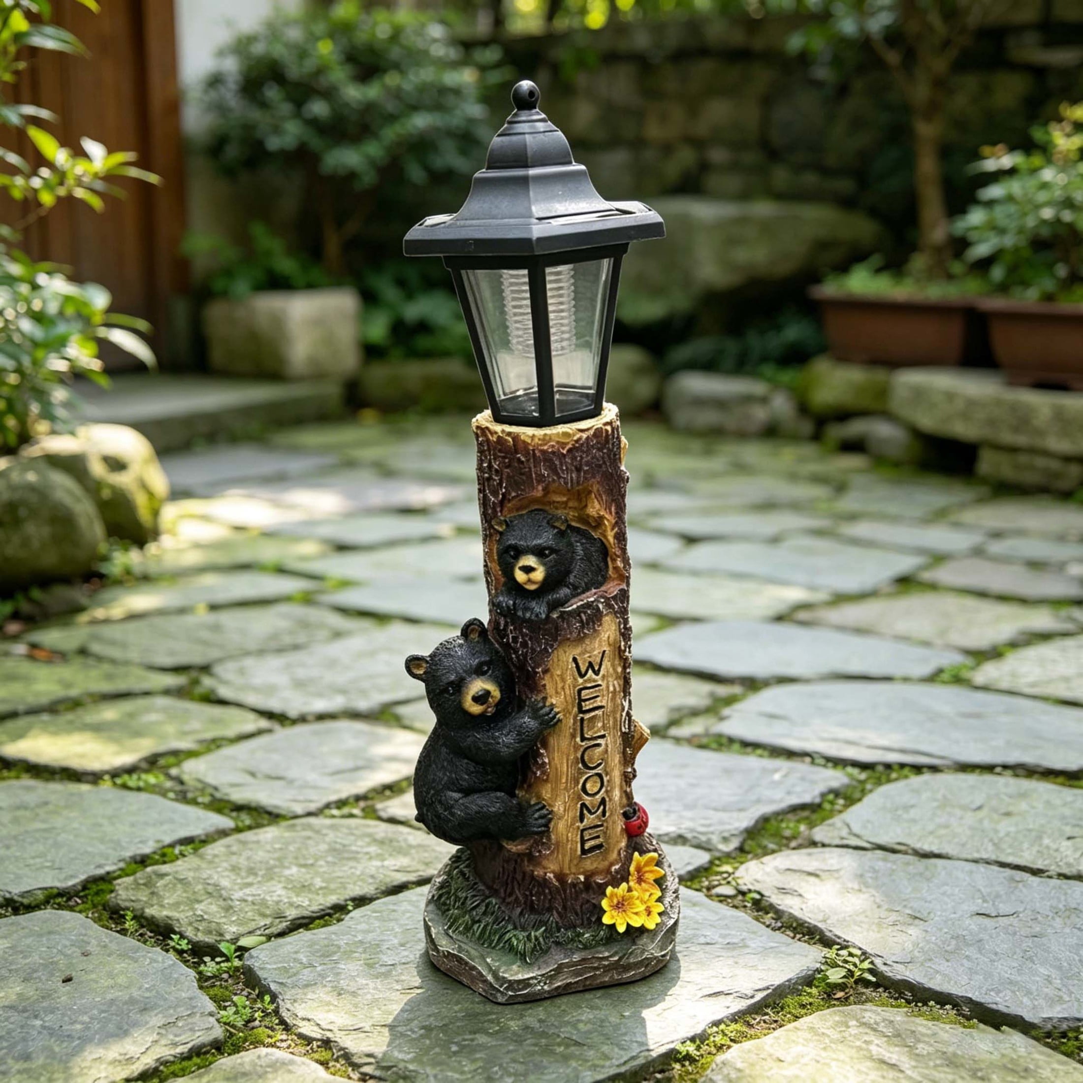 GDF Studio 18" Bear Family Tree Statue with Solar-Powered Light and Welcome Sign for Courtyard, Garden and Patio, Brown