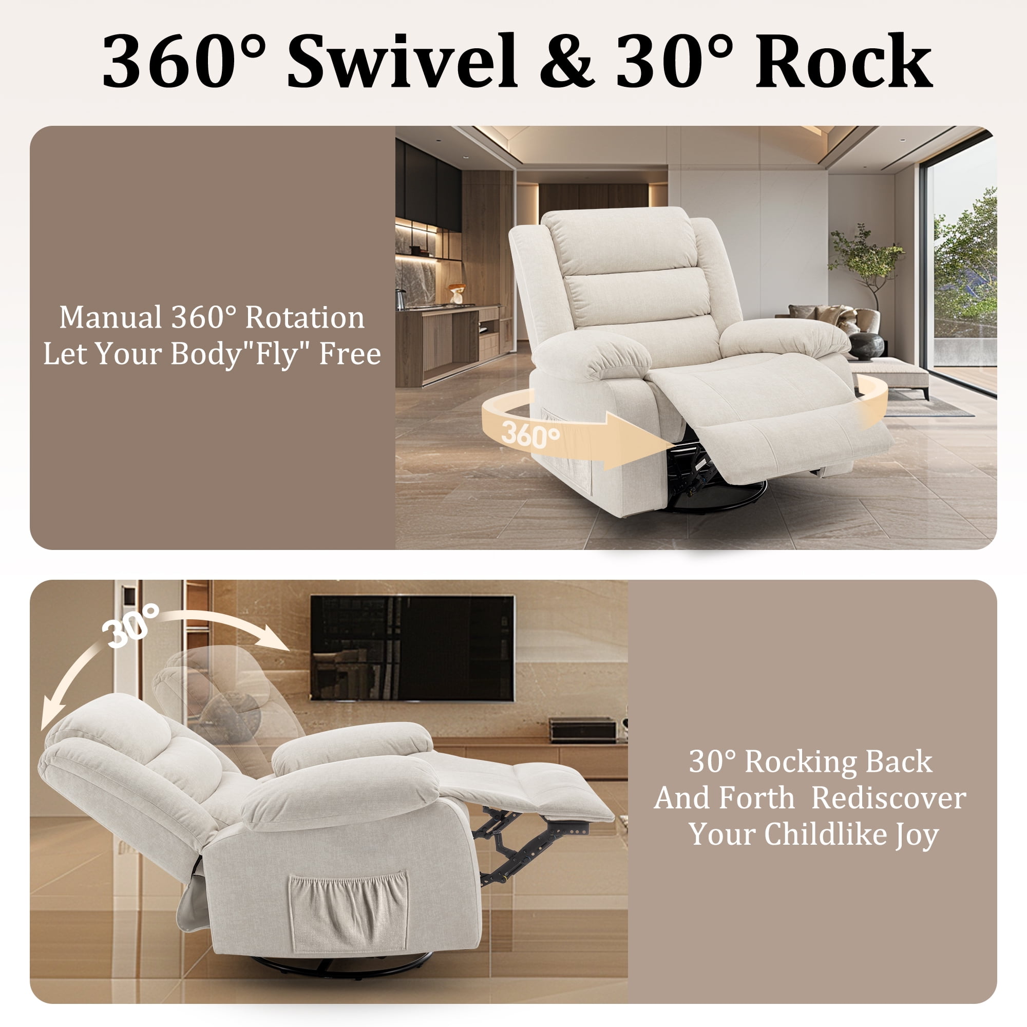 Korser Oversized Swivel Rocker Recliner Chair for Adults 40.6'' Wide for Nursery Living Room,Beige