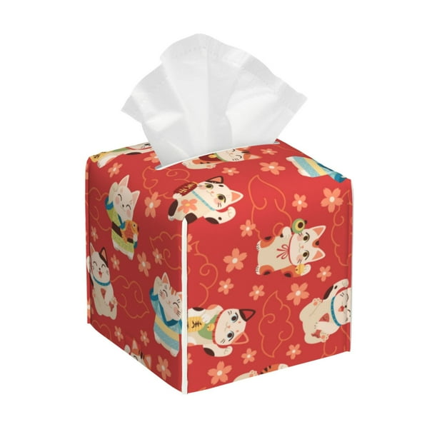 Balery Japanese Maneki Cats Porta Pañuelos de Cuero con Estampado – Funda Moderna Cuadrada para Caja de Pañuelos, Dispensador 5x5x5''