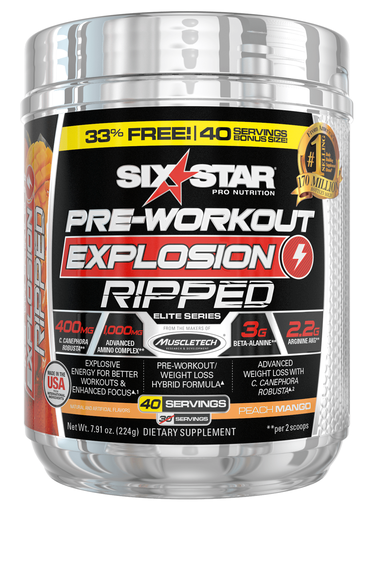 Six Star Explosion Pre Workout Powder, Peach Mango, 30 Servings