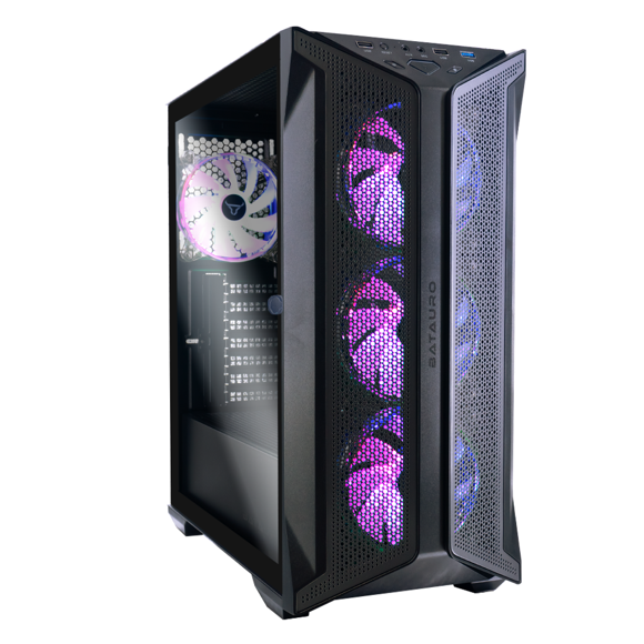 Gabinete Batauro Pegaso con Ventana Midi-Tower, Micro-ATX USB 3.0/2.0 4 Ventiladores Instalados 4 x 120mm ARGB incluye Cable Aura Sync, Control Hub ARGB sin Fuente Negro