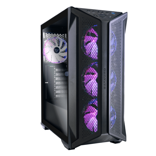 Gabinete Batauro Pegaso con Ventana Midi-Tower, Micro-ATX USB 3.0/2.0 4 Ventiladores Instalados 4 x 120mm ARGB incluye Cable Aura Sync, Control Hub ARGB sin Fuente Negro