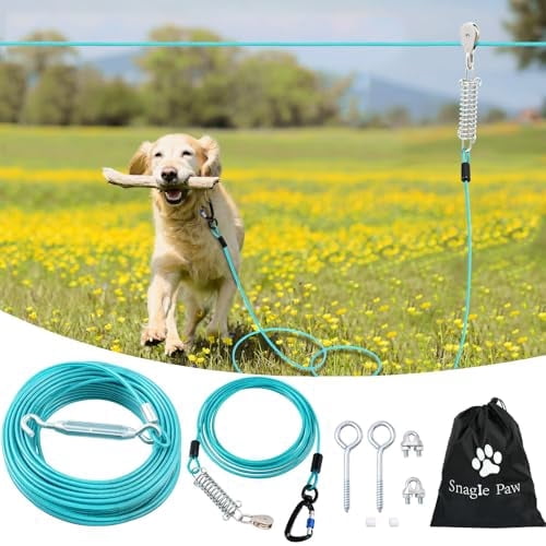 Furggis Dog Runner for Yard,Heavy Duty Trolley System for Large Dogs,Dog Tie Out Run Cable, Zip line 50ft with 10ft Pulley Runner Line for Dogs Up to 250lbs for Yard or Camping