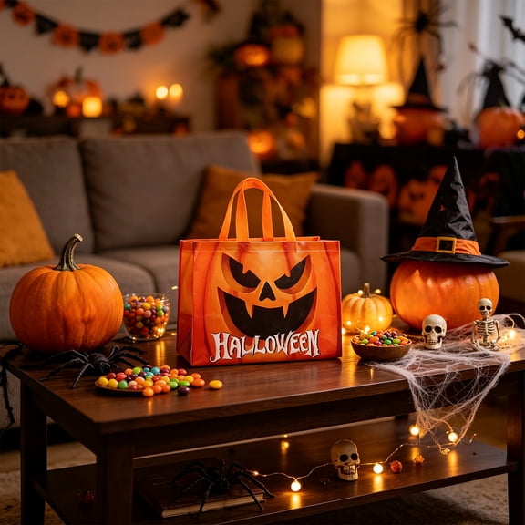HHJZPR Waterproof Non-Woven Halloween Tote Gift Bags, Large 13.78in Reusable Printed Handled Shopping Treat Bags for Trick or Treat Party Candy Goodies Holiday Decor