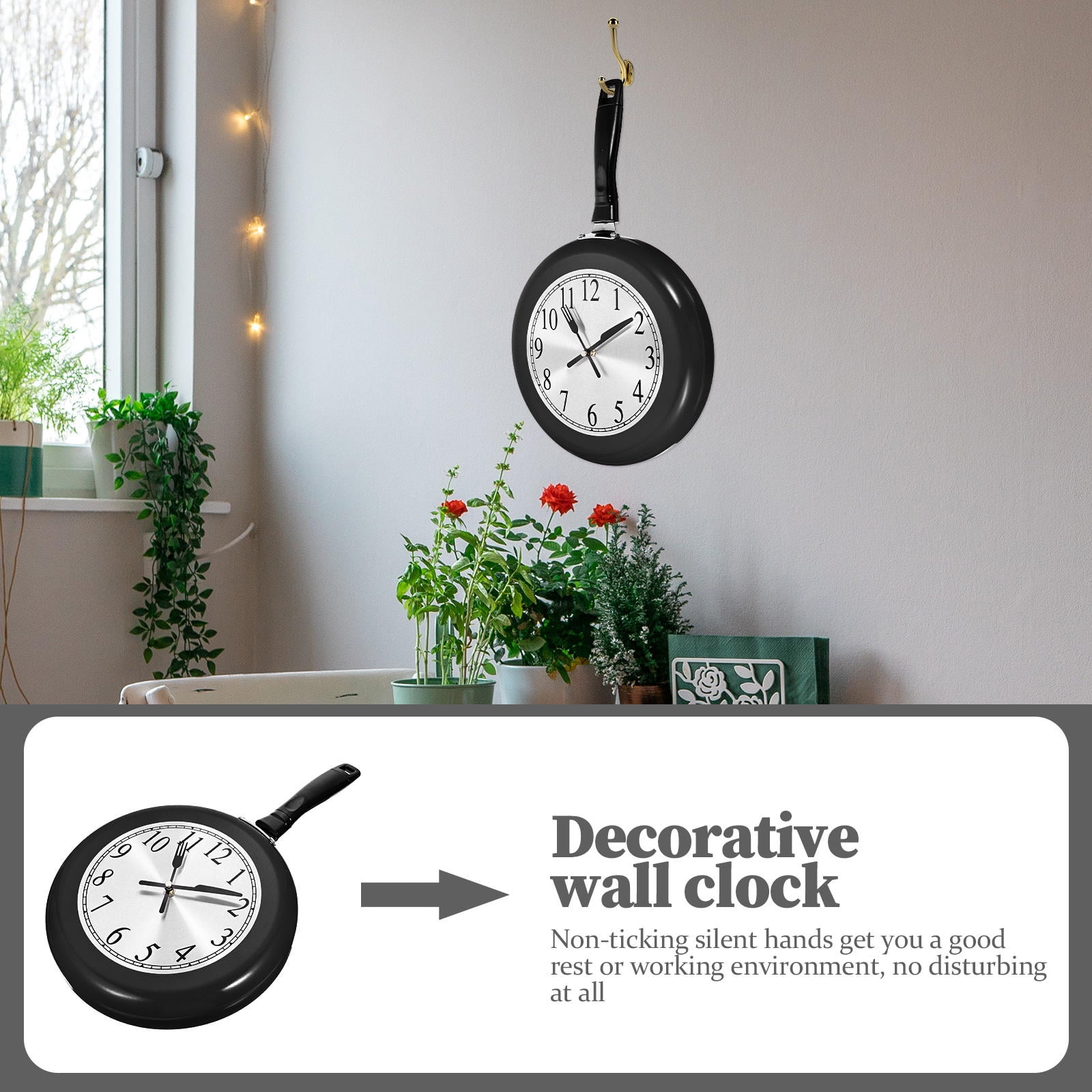 FOMIYES Unique Frying Pan Design Wall Clock Battery Operated Decorative Wall Hanging Clock for Kitchen