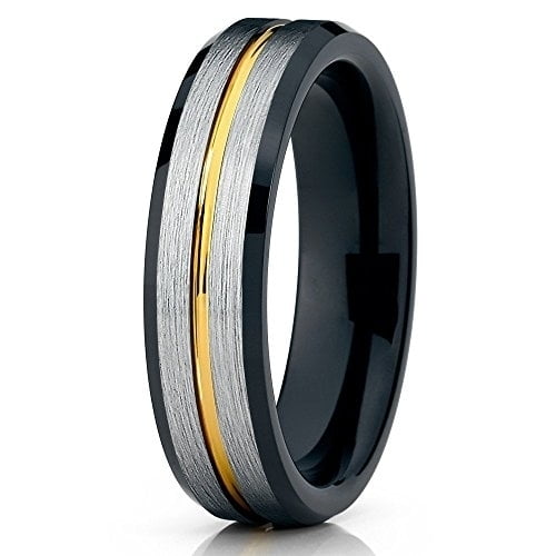 6mm Brushed Silver Tungsten Carbide Ring Black Inlay Yellow Gold Groove Beveled Edge Comfort Fit Mens Band 10 (10)
