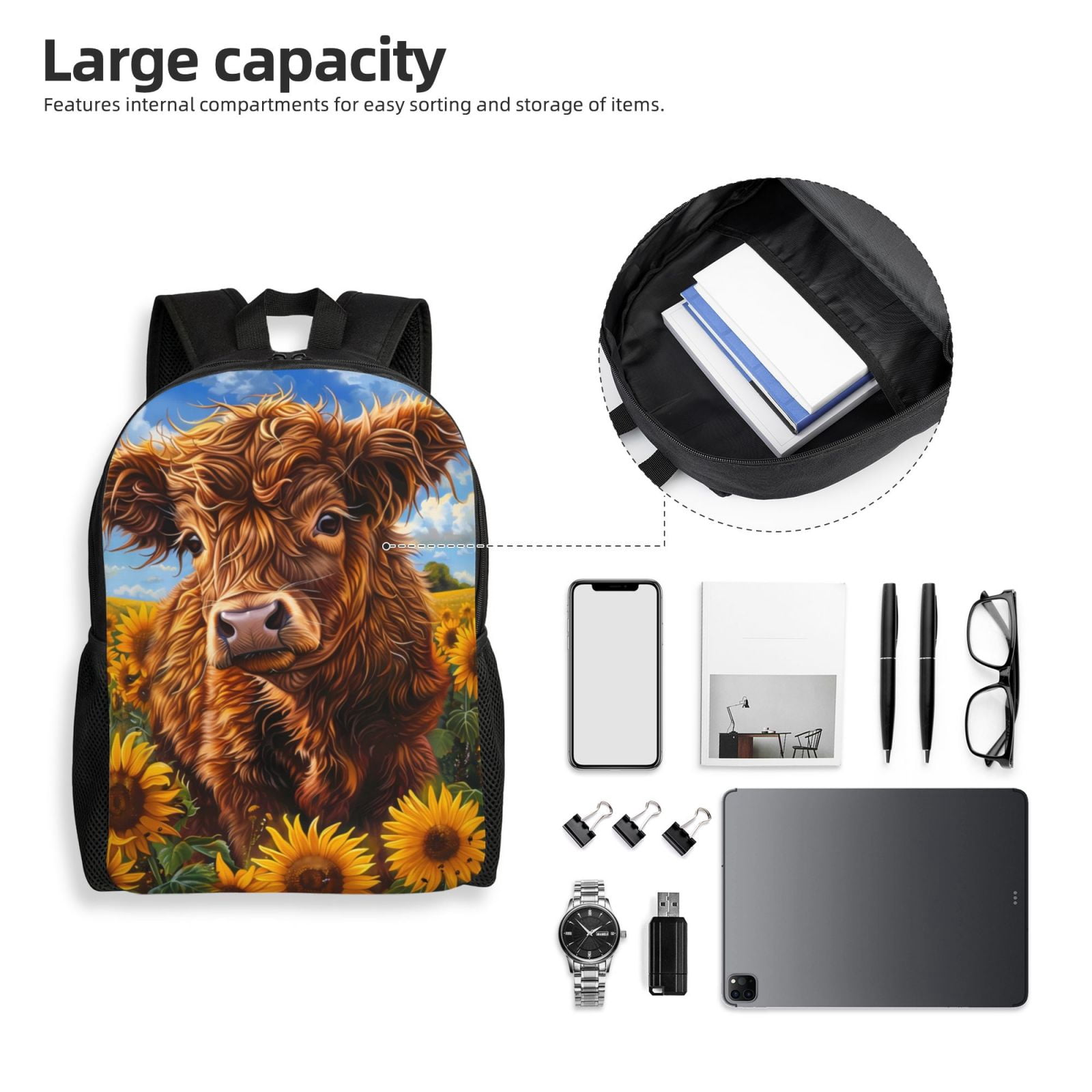 Xecao Cloud Sky Sunflower Cow Print School Backpack with Laptop Compartment Small Travel Laptop Backpack for Women Men Waterproof College Backpack Simple School Bag