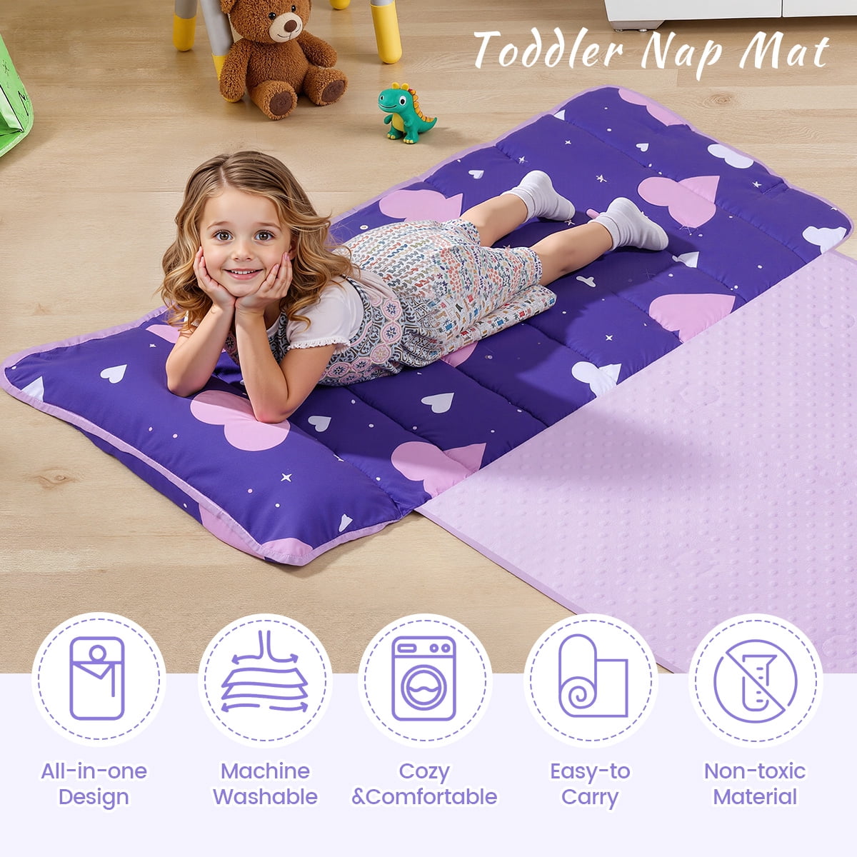 Toddler Nap Mat, Caveen Sleeping Bag with Blanket and Removable Pillow, Portable Slumber Bags for Daycare and Travel, Easy to Roll, 55"x22", Purple