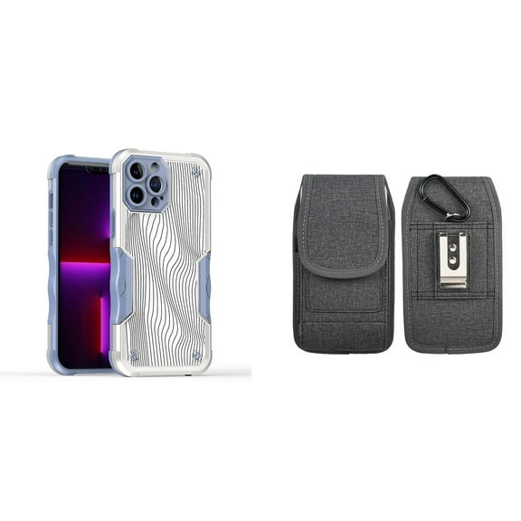 Case and Pouch Bundle for iPhone 14: Heavy Duty Armor Rugged Case (White Swirly Lines) and Vertical Nylon Fabric Belt Holster (Grey)