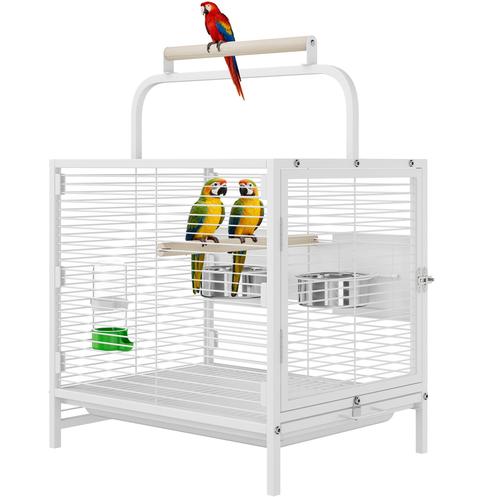 Portable Wrought Iron Bird Cage for Small Parrots – Travel Carrier with Slide-Out Tray, Food Bowl, Perch – Ideal for Canaries, Budgies, Lovebirds – Black/White
