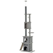 Angle View: PawHut Cat Tower Adjustable Height w/ Scratching Board & Post, 88.5"-100.5" H