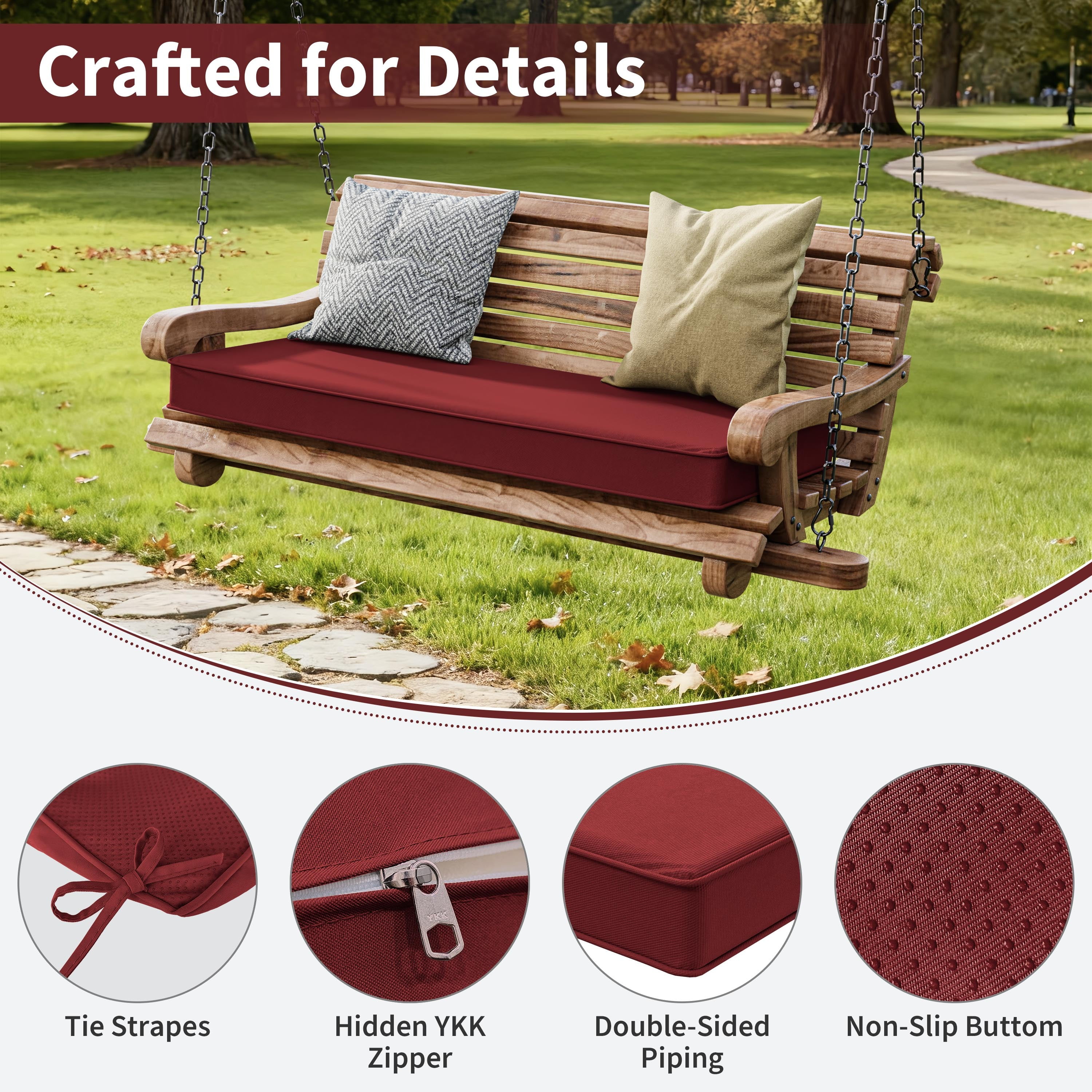 Kimunuk Outdoor Bench Cushions 45 x 18 x 3.5 Inch, High Density Foam Bench Seat Cushion, Porch Swing Cushion with Non-Slip Removable Cover, Burgundy