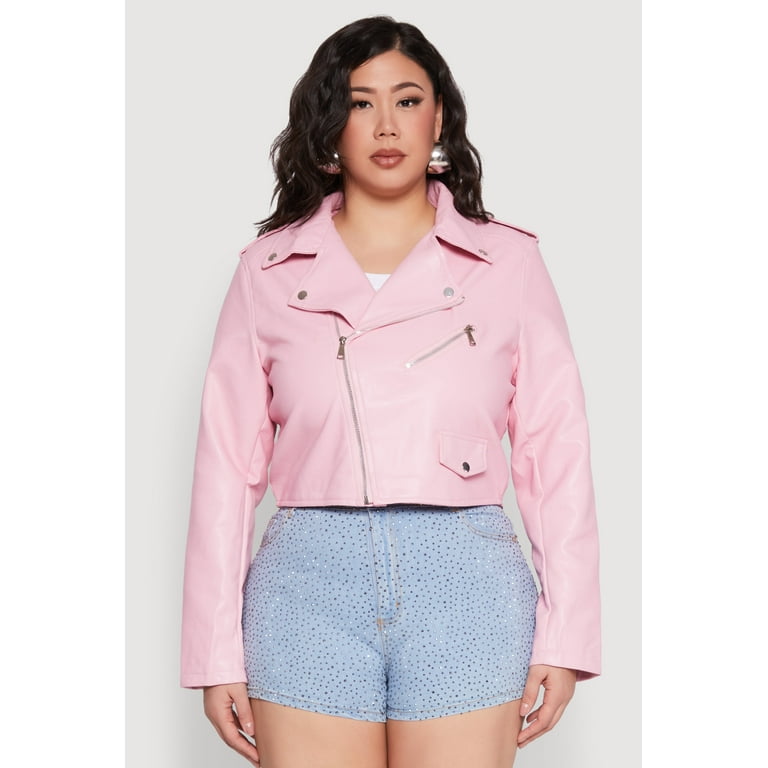 Womens Plus Size Daisy Faux Leather Cropped Moto Jacket