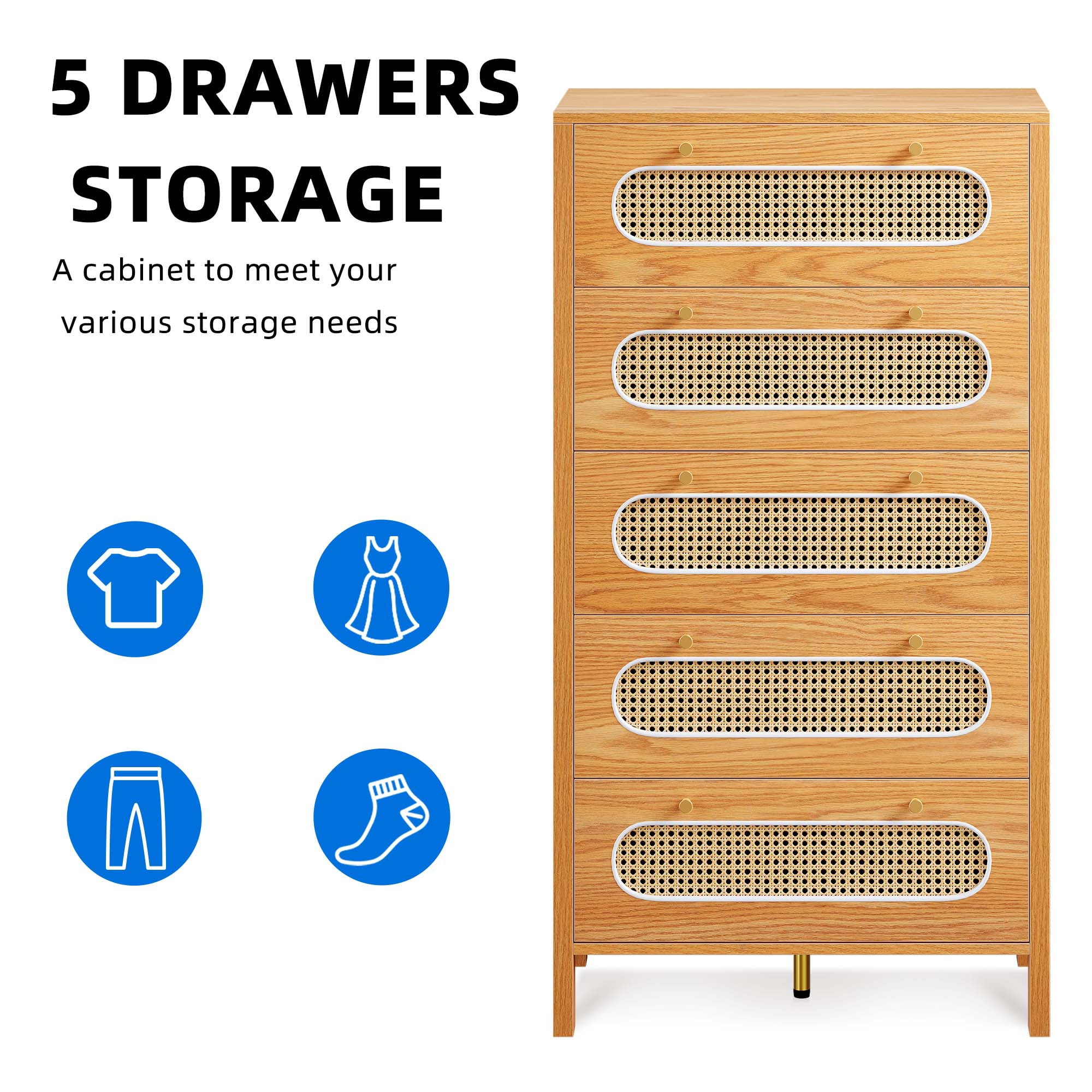 DEXTRUS 5 Drawer Dresser, 47" Tall Rattan Vertical Dresser, 5 Layers Wood Storage Cabinet Chest of Drawers, Oak