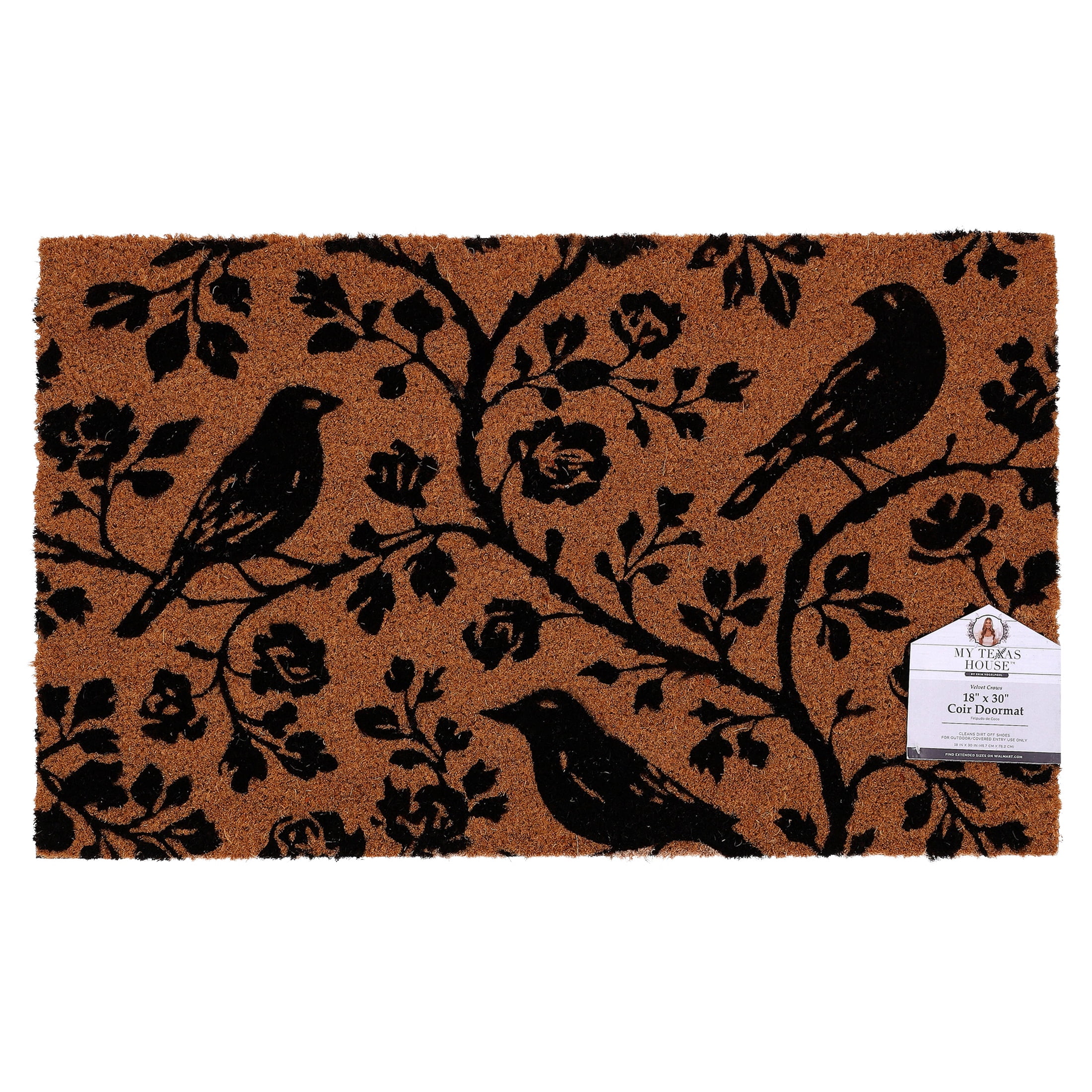 My Texas House Halloween Natural and Black Floral Bird Outdoor Coir Doormat, 18" x 30"