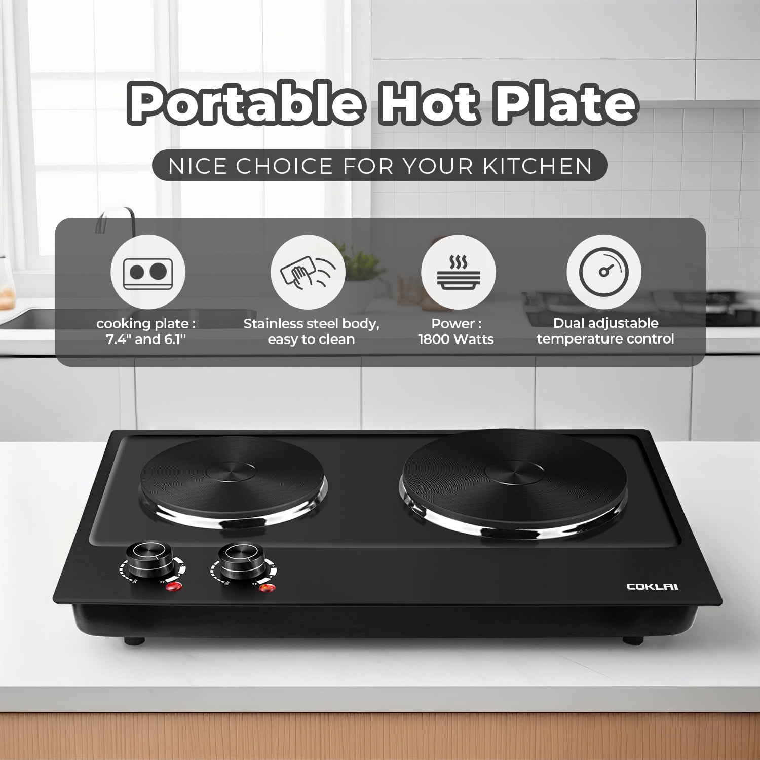 Coklai 1800W Portable Double Burner Hot Plate, Stainless Steel Countertop Electric Cooktop, Easy-to-Clean Silver Design, 2026 Version 24-month warranty