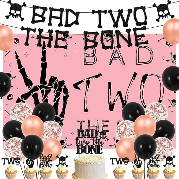 Bad Two the Bone Party Decorations Girl, Rock and Roll 2nd Birthday Party Decorations Pink Bad Two the Bone Backdrop Glitter Banner Cake Toppers for Girls Skeleton 2nd Birthday Party Decor Supplies