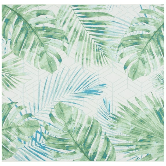 SAFAVIEH Barbados Distressed Palm Leaves Outdoor Area Rug, Green/Teal, 6'6" x 6'6" Square