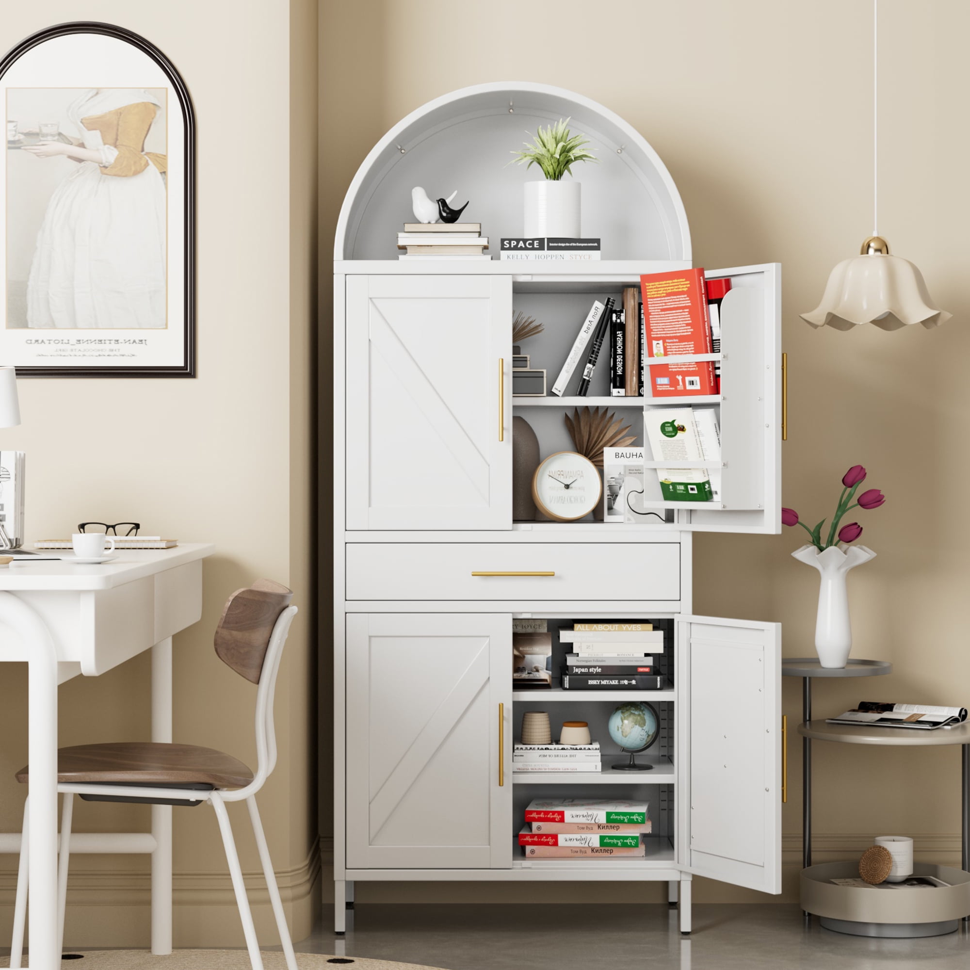 HUAXRON 73” Kitchen Pantry Cabinet with 1 Drawer, Arched Storage Cabinet with Doors and Adjustable Shelves, Tall Freestanding Cupboard for Kitchen,Living Room，Dining Room，Assembly Required,White