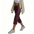 thumbnail image 6 of Women’s Faux Leather Capri Pants Elastic High Waist with Zipper & Button Closure, Loose Straight Wide Leg Cropped Trousers with Pockets Wine, 6 of 9