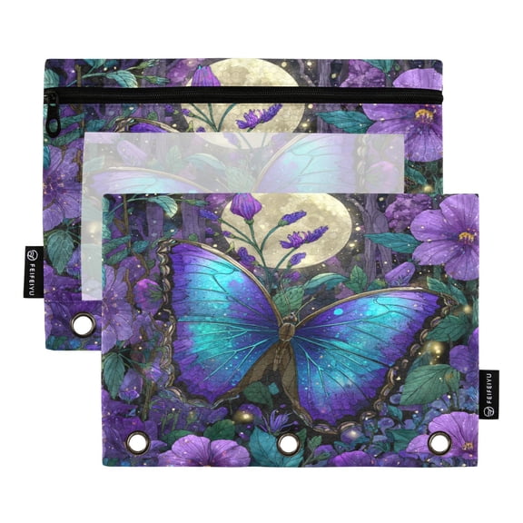 2 Pack 3 Ring Binder Pouch with Clear PVC Window Water Resistant Zipper Pencil Pouch Giant Beautiful Swallowtail Butterfly Binder Pocket for Classroom Office Home Stationery Organization