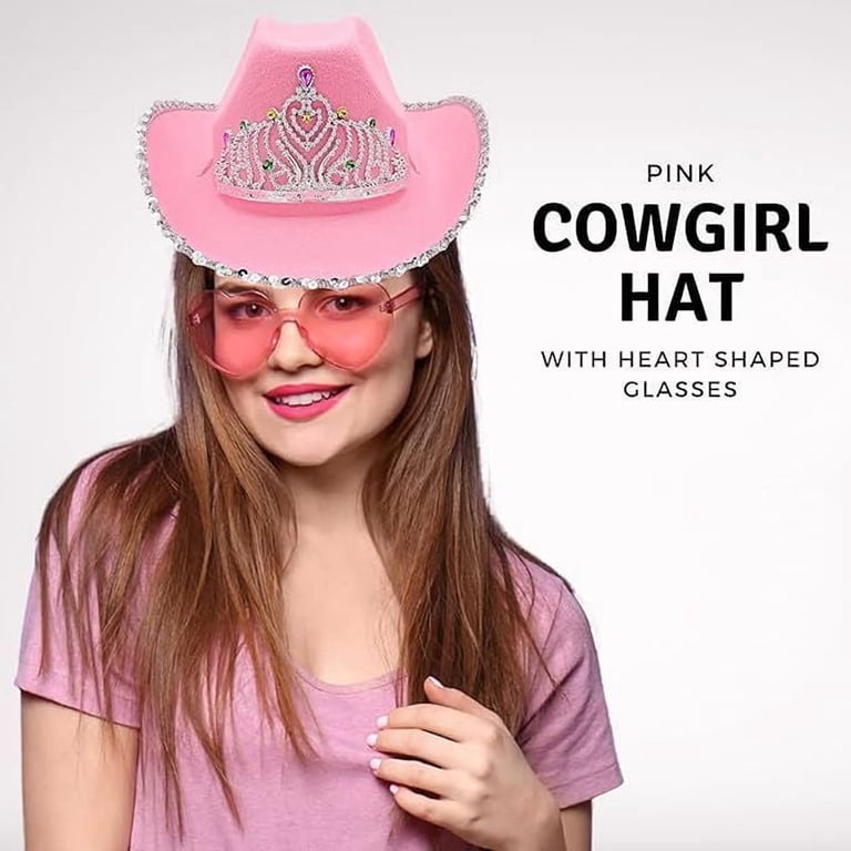 8449 Pink Cowboy Hat And Glasses - Preppy Cowgirl Hat With Tiara - Sparkly Funcredible Pink Cowboy Hat and Glasses - Preppy Cowgirl Hat  main image 3