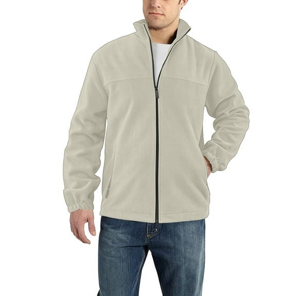 dGslk Mens Full Zip Fleece Jacket Lightweight Soft Outerwear Stand Collar Long Sleeve Warm Casual Coat for Everyday Wear Beige L