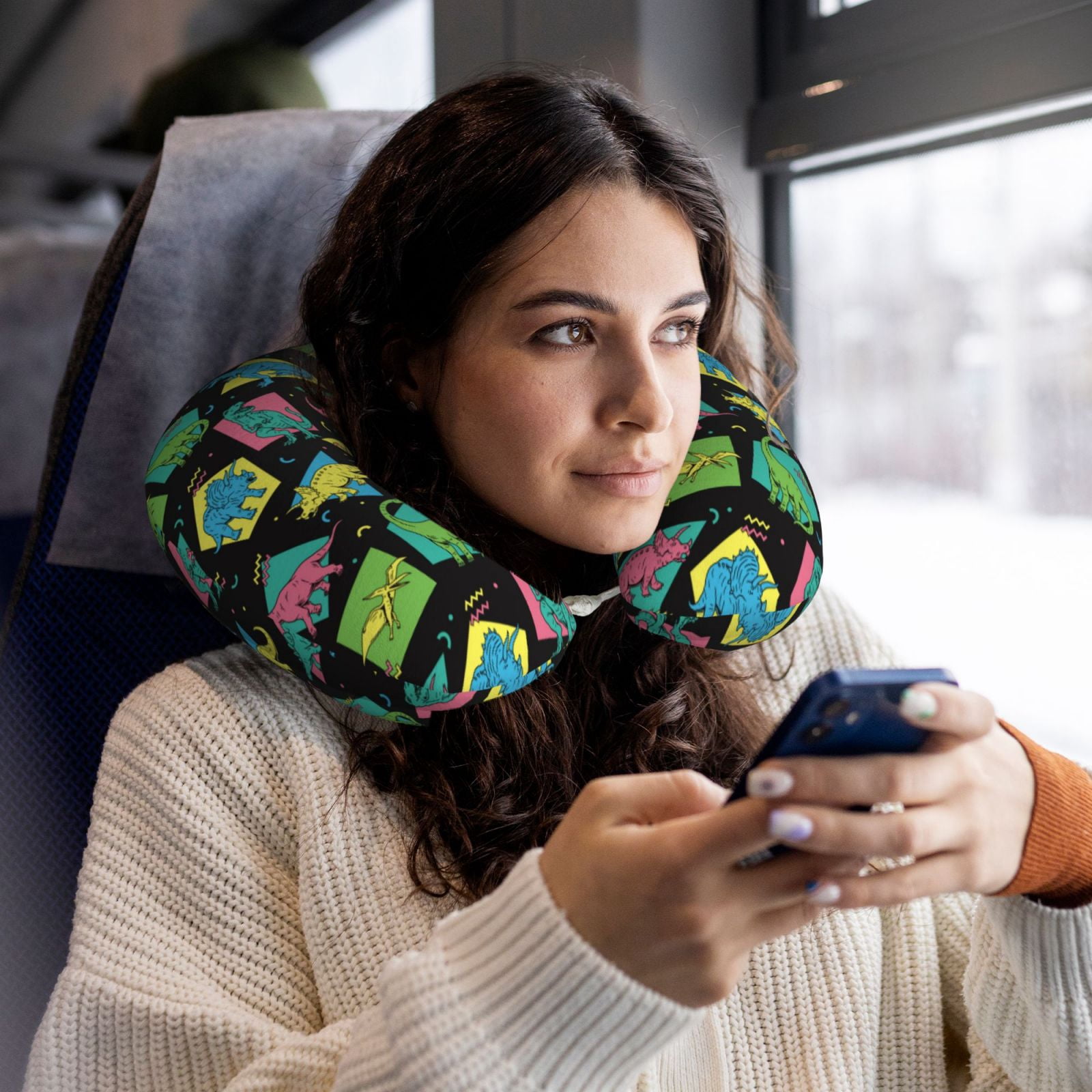 Xecao Geometric Dinosaur Print Memory Foam Cervical Neck Pillow Versatile U-Shaped Pillows for Home,Office,Camping,Travelling,Soft Washable Cover