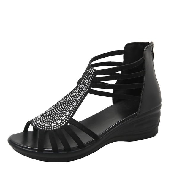HomeDM Women's Wedge Low Heels Sandals Open Toe Back Zipper Strappy Rhinestone Summer Beach Sandals, Black Size 9.5