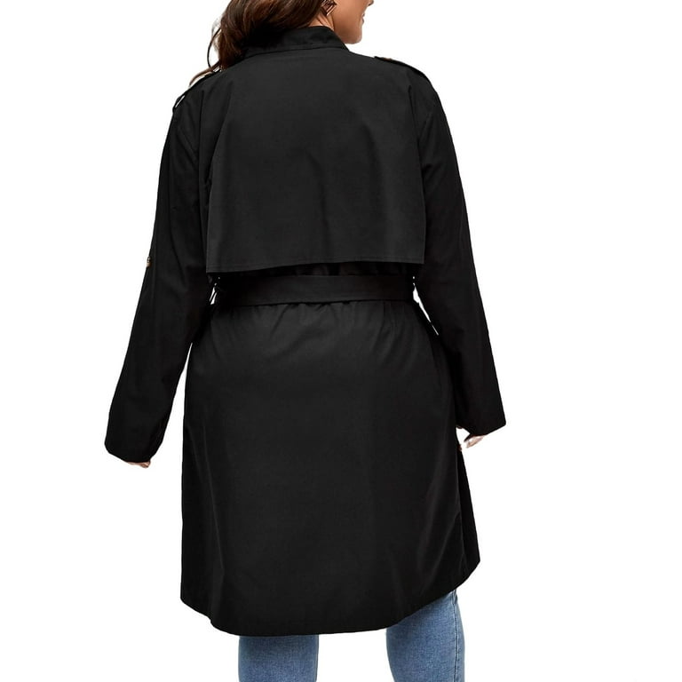 Casual Plain Waterfall Collar Wrap Long Sleeve Black Plus Size Trench Coats Women s Plus Walmart