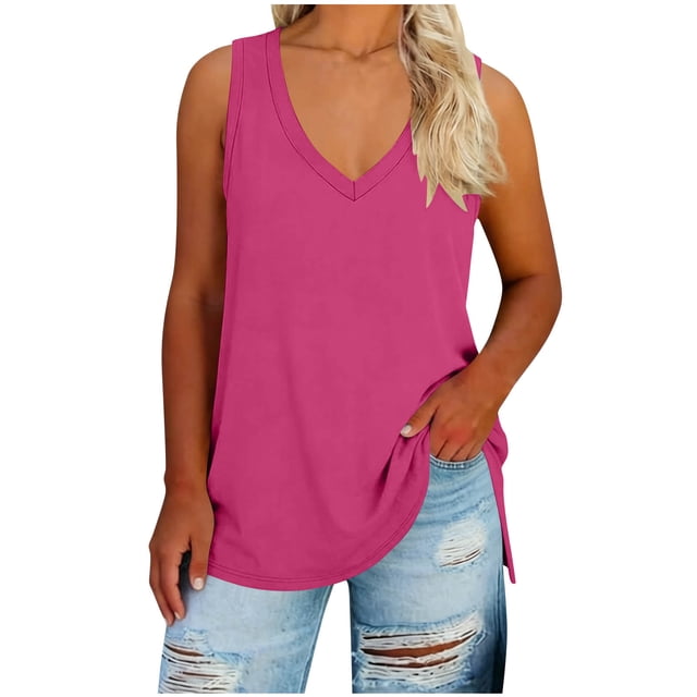 BLVB Womens Plus Size Tank Tops Summer Sleeveless V Neck T Shirts Casual Loose Fit Side Slit Basic Tees Tunic Tops