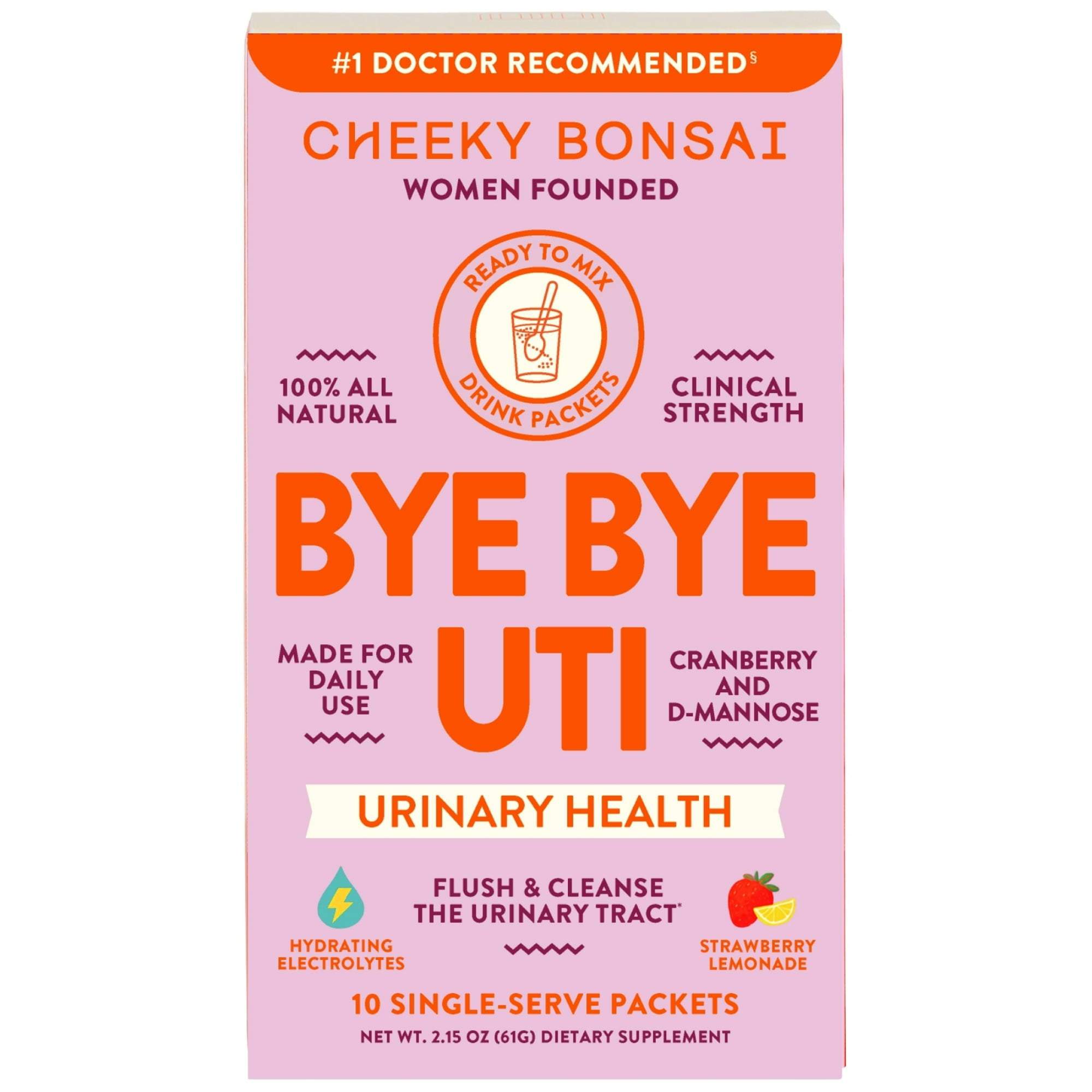 Cheeky Bonsai Bye Bye UTI Strawberry Lemonade Powdered Drink Mix, 10 Count