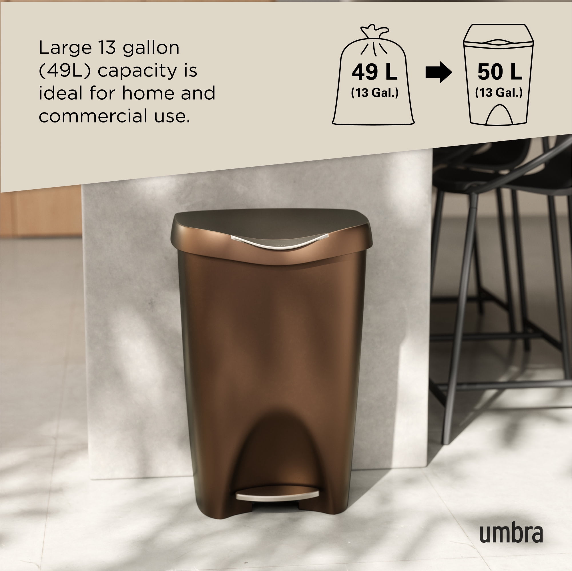 Umbra 13 gal Brim Plastic Step Soft Close Lid Kitchen Trash Can, Bronze
