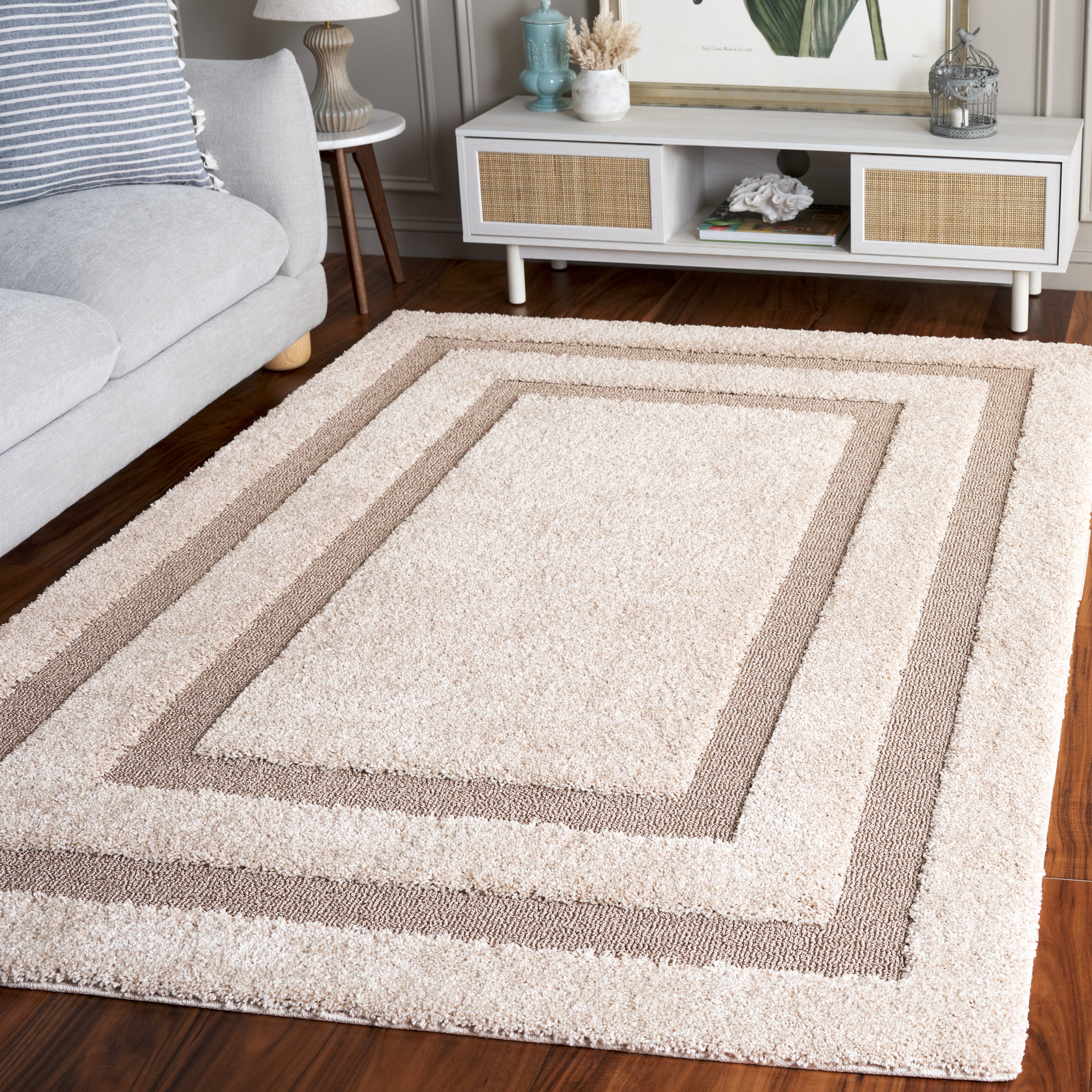SAFAVIEH Florida Mason Bordered Shag Area Rug, Beige/Dark Beige, 8' x 10'