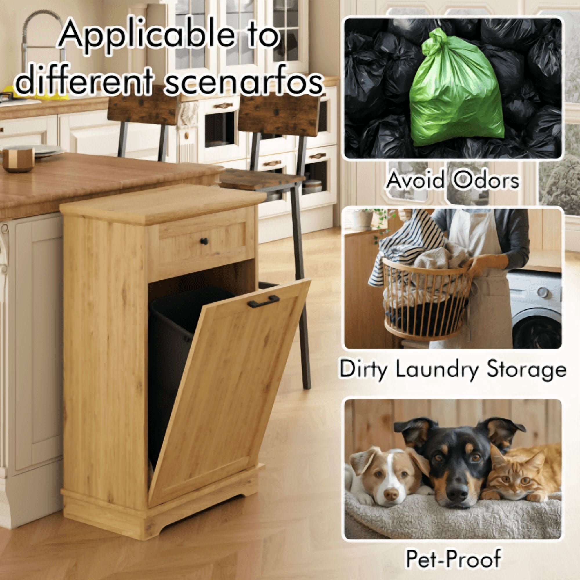10 Gallon Tilt Out Trash Cabinet, Freestanding Wooden Garbage Recycling Bin with Hideaway Drawer, Pet Proof Trash Can Holder for Kitchen Living Room, Natural (Trash Can Not Included)