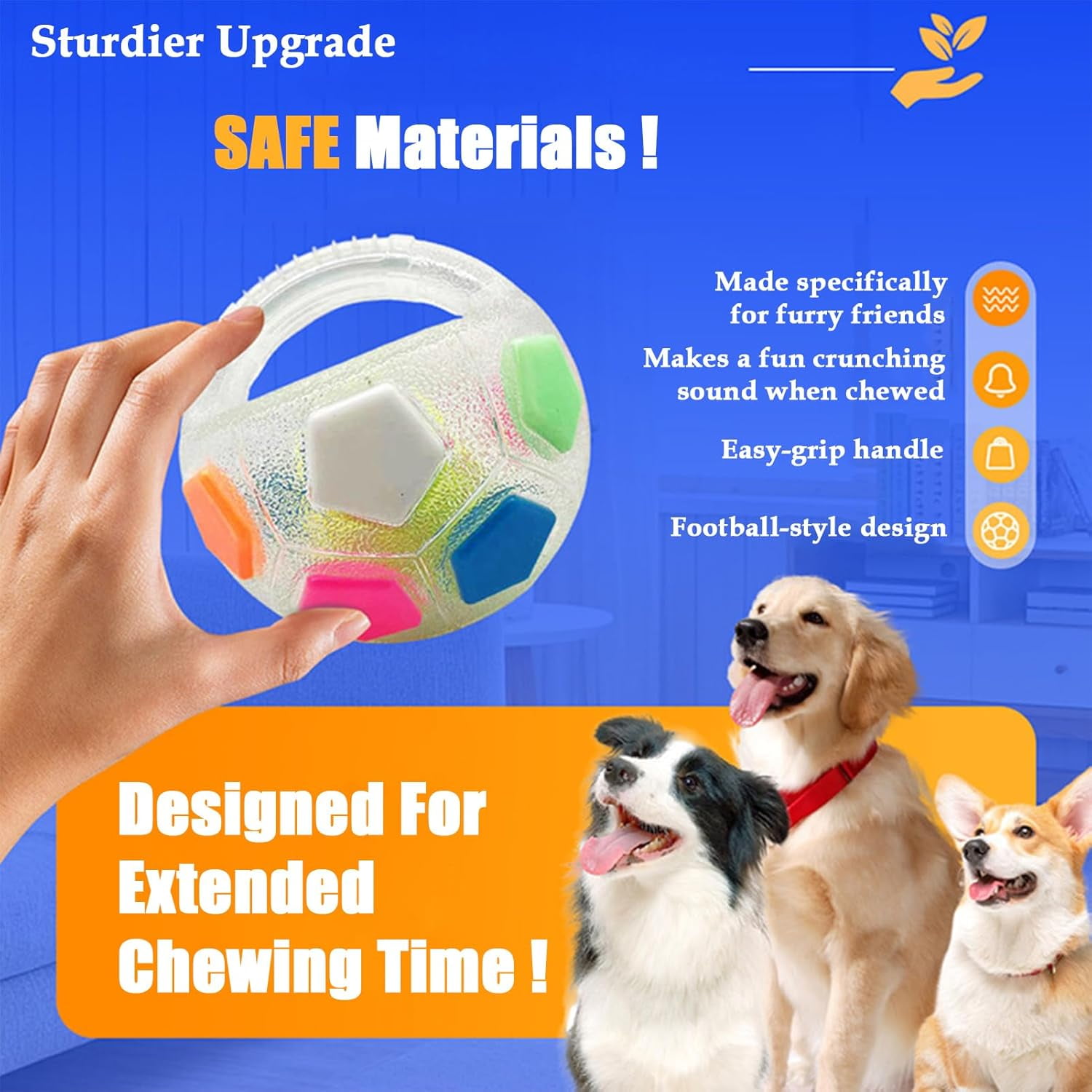 Dog Calming Ball with Handle, Interactive Chew Toy with Squeaking Sound for Anxiety Relief, Durable Rubber Fetch Toy