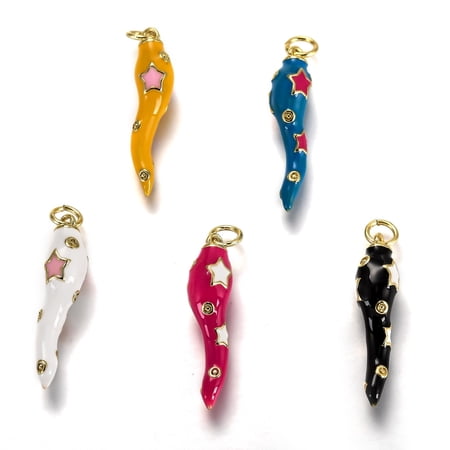 5 pc Brass Enamel Pendants Long-Lasting Plated Real 18K Gold Plated Horn of Plenty Italian Horn Cornicello Mixed Color 26x6x6mm Hole: 3.3mm