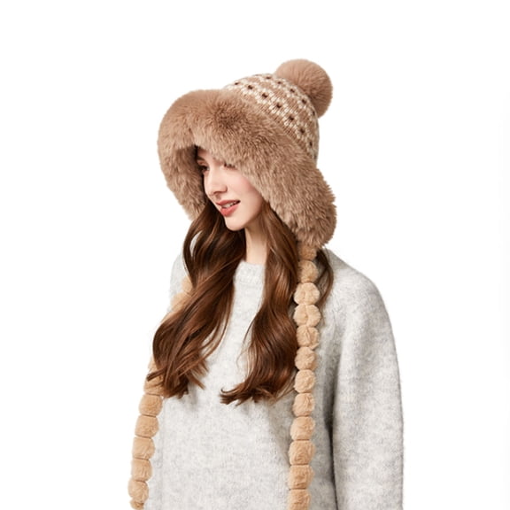 Honmine Women Winter Sherpa Beanie Hats, Knit Ear Flap Fleece Lined Peruvian Ski Snow Cap Warm Covering Ears Ponytail Hat