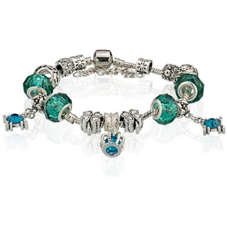 Pori Jewelers Rhodium Plated Brass Green and Blue Lucky Charm Murano Bracelet