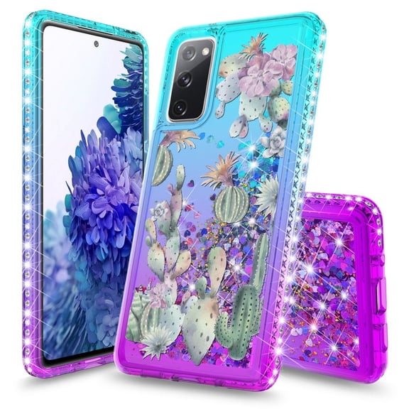 Bemz Liquid Quicksand Case for Samsung Galaxy S20 FE (with Touch Tool) - Watercolor Cactus (Teal/Purple)